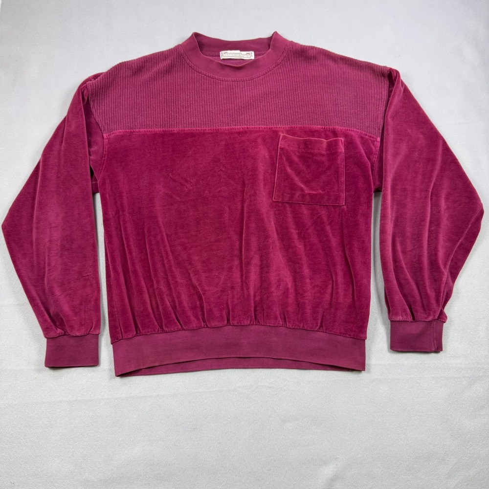John Ashford Sport Vintage Velour Sweatshirt Burgundy Mixed Texture Pocket L